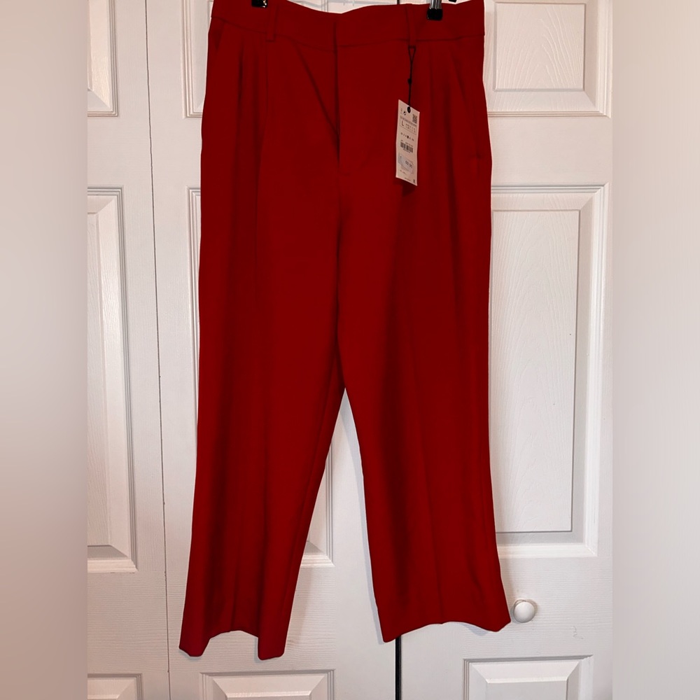 ZARA RED DARTED STRAIGHT FIT TROUSERS